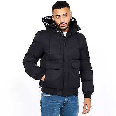 Buy Men's Crosshatch Black Quilted Padded Puffa Jacket Hooded Bubble Winter Coat • 44.95£