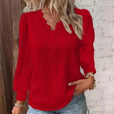Buy Womens V Neck T-Shirt Blouse Summer Ladies Long Sleeve Tops Pullover Plus Size • 9.55£
