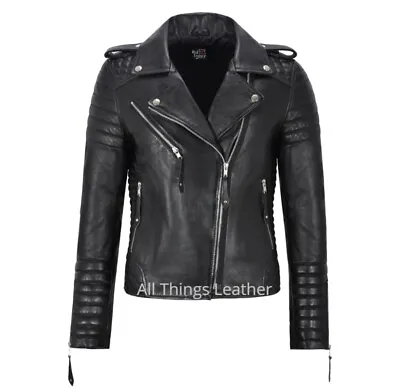 Buy Ladies Real Leather Biker Jacket Classic Biker Fashion Womens 2260 Black Jacket • 73.95£