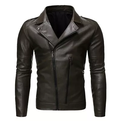 Buy Mens Lapel Neck Biker Leather Jacket Smart Casual Retro Motorbike Racer Coat • 24.97£