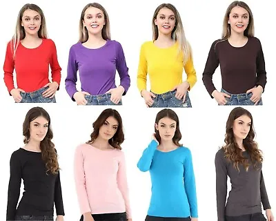 Buy Women's Ladies Plus Sizes Plain Long Sleeve 45% Cotton Crew Top Basic T Shirt  • 6.99£