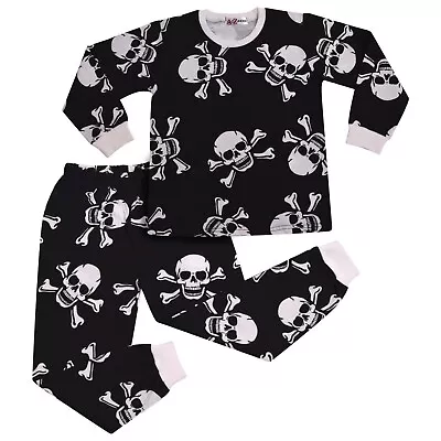 Buy Kids Girls Boy Black Skull N Bones Pyjamas PJs 2 Piece Cotton Set Nightwear • 9.99£