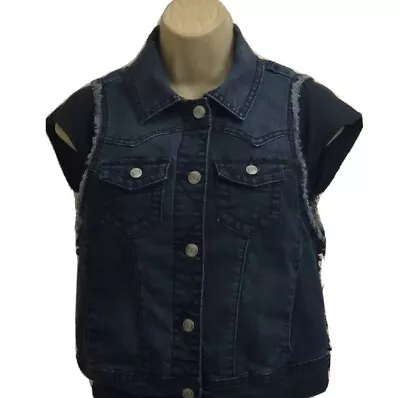 Buy Vanity Jeans Youth Small Jacket Vest Frayed Dark Blue Denim Black Lace Button Up • 8.53£