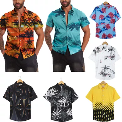 Buy Hawaiian Shirt Men Coconut Tree Print Beach Vacation Aloha Fancy Causal Tops UK • 17.79£