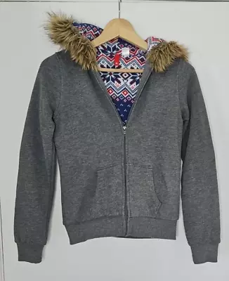 Buy H&M Grey Zip Up Hoodie Faux Fur Trim Hood Fair Isle Knit Lined Size 8 Jumper • 3.99£