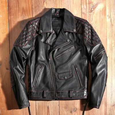 Buy Mens Retro Biker Motorcycle Zipper Jacket Calfskin Calf Leather Heavy Metal Rock • 209£