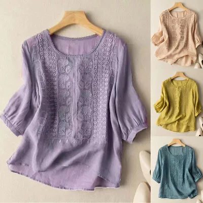 Buy Women Floral Embroidery Crochet Tops T Shirt 3/4 Sleeve Casual Tee Shirts Plus • 11.98£
