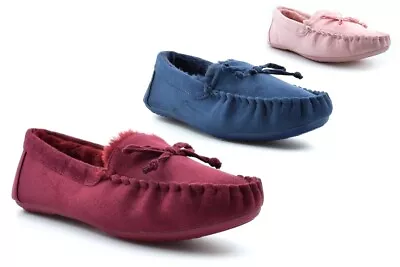Buy Womens Moccasin Slippers Ladies Slip On Slippers Faux Suede/Fur Pink/Navy/Red • 9.95£