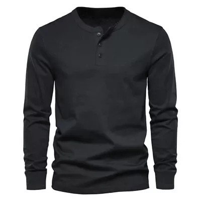 Buy Mens Casual Long Sleeve T-shirt Henley Grandad V Neck Button Solid Tee Shirt Top • 10.55£