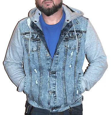 Buy Mens Hoody Hooded Distressed Denim Jacket Acidwash Jersey Sleeves Optional Hood • 24.99£