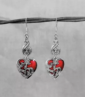 Buy New Gothic Silver Hanging Sleeping Bat & Red Heart Hook Drop Earrings Jewellery  • 19.99£