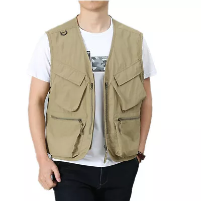 Buy Gilet Men Neck Utility V Waistcoat Vest Sleeveless Jacket Multi-Pocket Zip Tops • 24.09£