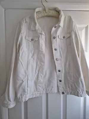 Buy M&S White Cotton Denim Jacket Fits Size 12 Distressed Patches • 9.75£