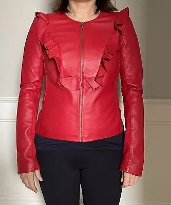 Buy Pinko Red Leather Ruffle Jacket UK Size 10 (new) • 150£