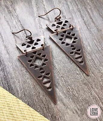 Buy NEW Brown Bronze Tone Triangle Ancient Style Boho Bohemian Viking Norse Earrings • 12.99£