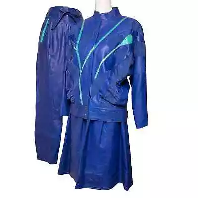 Buy Vintage 80s Blue Leather Skirt & Pants Suit Set 3 Pcs Snakeskin Suede Accents  • 436.93£