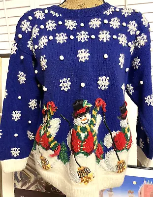 Buy Vintage Marisa Christina 1994 Christmas Collection Sweater Size S Blue Snowman • 28.82£