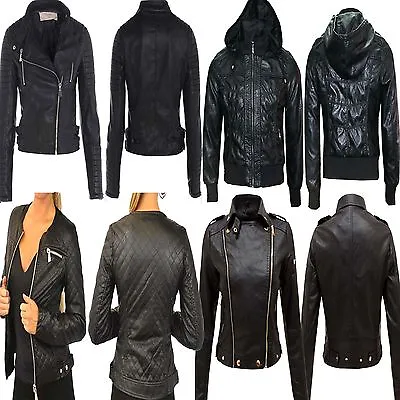 Buy Womens  Ladies Hooded Faux Leather Pvc Quilted Ribbed Bomber Biker Jacket 8 - 14 • 26.99£