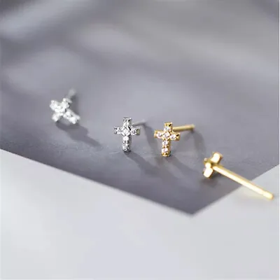 Buy Solid 925 Sterling Silver Mini Shiny Cross Stud Earrings Jewelry Gift Wholesale • 5.49£