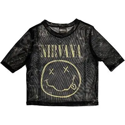 Buy Nirvana Ladies Crop Top: Yellow Happy Face (Mesh) OFFICIAL NEW  • 19.88£