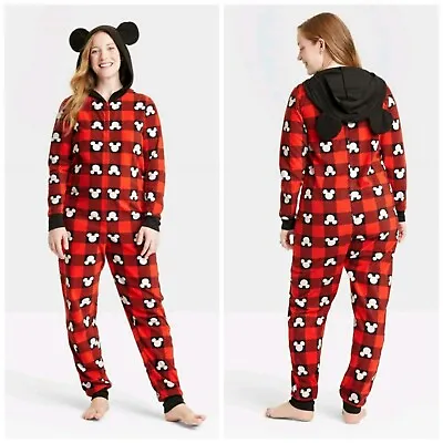 Buy Disney Mickey Mouse Matching Family Pajamas Womens L Red Plaid Cozy 1pc PJs NEW • 23.62£