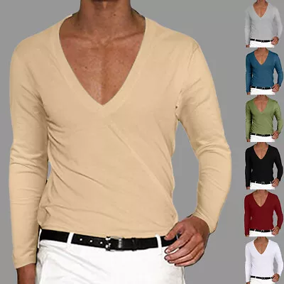 Buy Mens V Neck Pullover Solid Long Sleeve T-Shirts Skinny Casual Work Blouse Tops • 11.09£