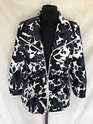 Buy JOSEPH RIBKOFF Blue Black White Floral Twill Ruched Zip Jacket Size 12/14 • 29.99£