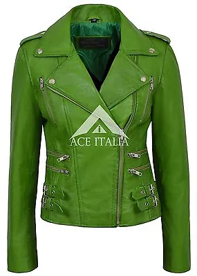 Buy Ladies Leather Jacket Parrot Green Motorcycle Style Designer NAPA JACKET 7113 • 97.57£