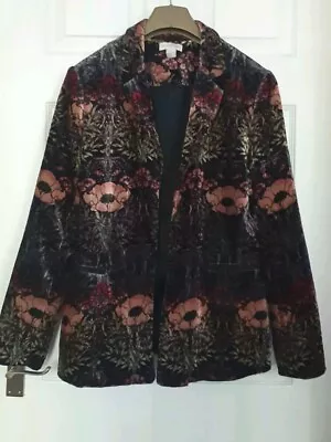 Buy Monsoon Velvet Jacket Black Floral Poppy Print Evening Blazer Open Front  14 • 35£