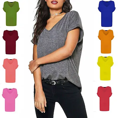Buy  Ladies Women Baggy Oversized Loose Fit Turn Up Batwing Sleeve V Neck Top T Shir • 8.49£