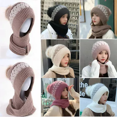 Buy Winter Womens Knitted Hats Scarf Hooded Thick Windproof Neck Warmer Beanie Cap • 7.99£