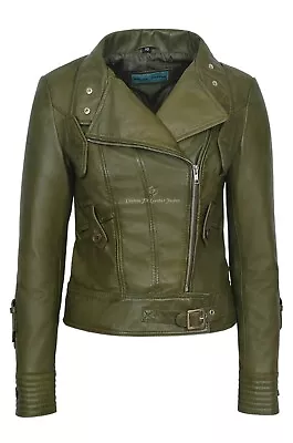 Buy Ladies BRANDO Leather Jacket Olive Green BIKER STYLE SOFT REAL LEATHER 4110 • 114.76£
