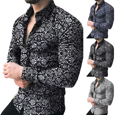Buy Mens Long Sleeve Slim Fit Shirts Button Down T-Shirt Print Casual Muscle Tops • 17.99£