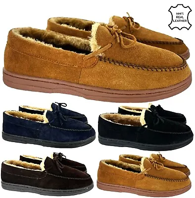 Buy Mens Slip On Moccasins Leather Suede Soft Warm Soft Faux Sheepskin Fur Slippers • 9.95£