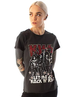 Buy Amplified Kiss Let Me Go Rock 'N' Roll Diamante Women's Charcoal T-Shirt • 34.99£