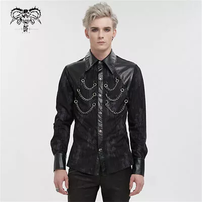 Buy Devil Fashion Men Black Gothic Punk Leather Spliced Long Sleeve Slim Fit Shirt • 87.59£