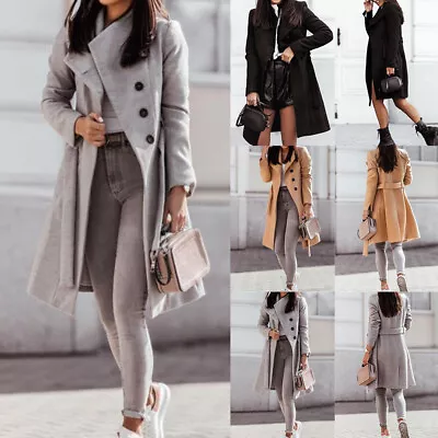 Buy Women Lapel Long Sleeve Overcoat Outwear Casual Winter Warm Trench Coat Jacket • 12.79£