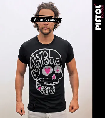 Buy Pistol Boutique Men's Rolled Sleeve Black Crew LIFE & DEATH DOODLE SKULL T-shirt • 21.24£