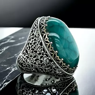 Buy Mens Handmade  Natural Green Yemen Agate Ring , Ottoman Mens Silver Ring • 118.40£