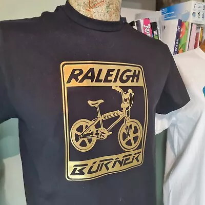 Buy Raleigh Burner 1980s BMX Gold Graphic Black Tee T Shirt Retro Style • 13.99£