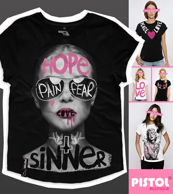 Buy Pistol Boutique Women's Black Casual Crew Neck SINNER SUNGLASSES GIRL T-shirt • 22.49£