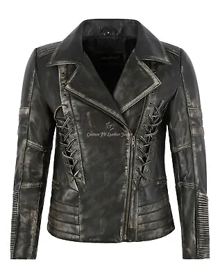 Buy Ladies LACED LEATHER JACKET Vintage Black Gothic Biker Fashion Napa Jacket 3002 • 130£