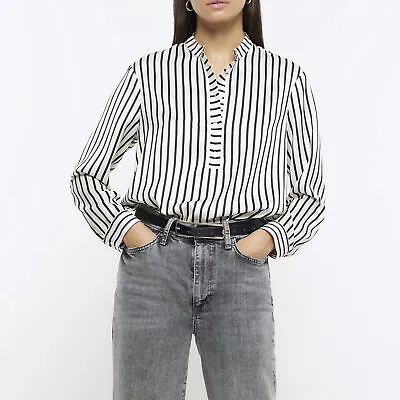 Buy River Island Womens Shirt Black Stripe Crew Neck Button Long Sleeve Top • 10.50£