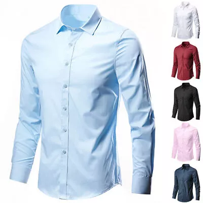 Buy Men Solid Modern Slim Fit Shirts Long Sleeve Formal Business Button Lapel Shirts • 7.62£