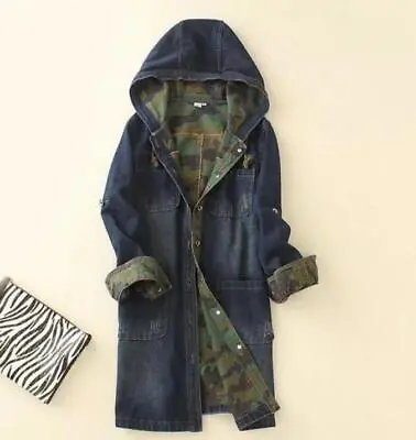 Buy Womens Blue Denim Hooded Casual Long Jacket Camouflage Coat Trench Parka Outwear • 33.64£