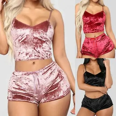Buy Womens Velvet Cami Vest Tops Shorts Pajamas Pyjamas Lingerie Nightwear Underwear • 8.29£