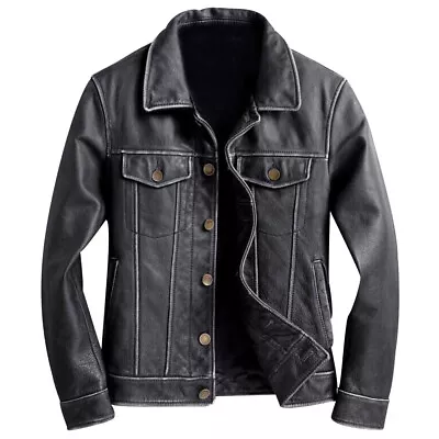 Buy New Denim Style Western Trucker Black Cowboy Vintage Leather Jacket • 28.88£