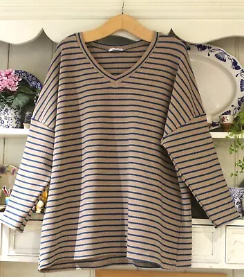 Buy Made In Italy Biscuit /teal Blue Stripe Over Sized Cotton Mix Top Size L 16 / 18 • 10£
