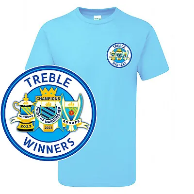 Buy TREBLE Manchester City POCKET 2023 TSHIRT Champions Winners Europe England Cup • 12.95£