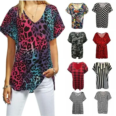 Buy Womens T Shirt Ladies Oversized Baggy Plus Size Top Loose V Neck Turn Up Batwing • 8.99£